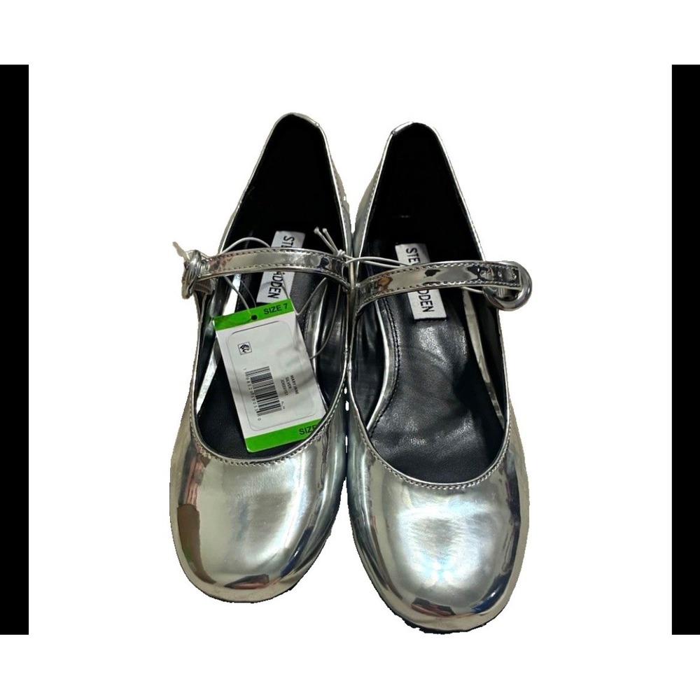 Steve Madden Womens Silver Metallic Mary Jane Low Block Heel Flats Size 7 NWT
